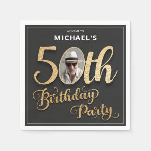 Faux Foil Custom Photo Black Gold 50th Birthday  Napkin