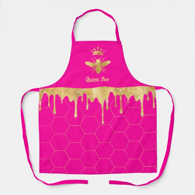 faux foil drips queen bee on pink apron (Front)