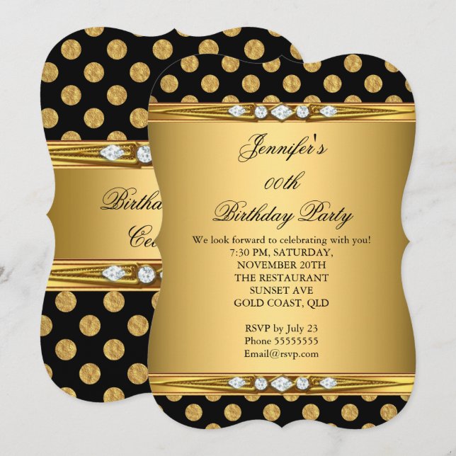 Faux Foil Gold Black Polka Dots Diamond Birthday Invitation (Front/Back)