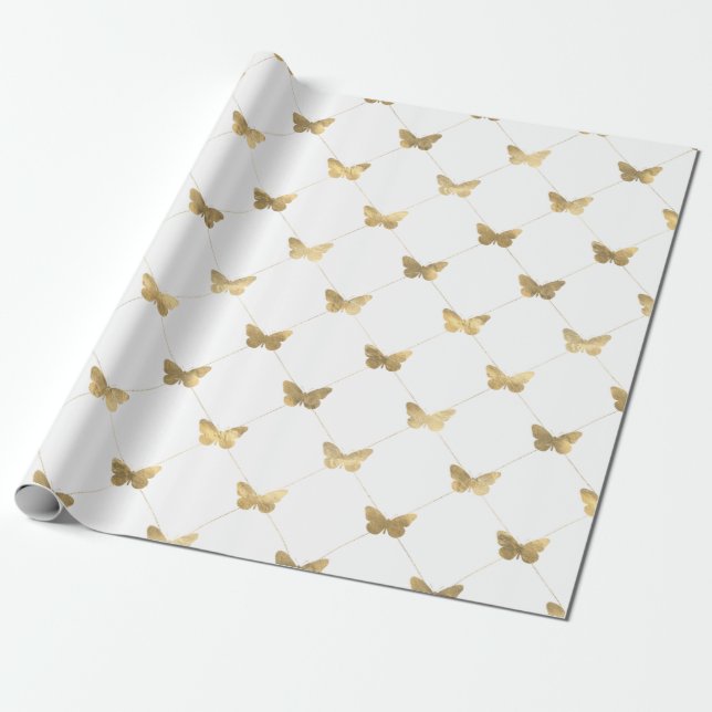 Faux Foil Gold Lattice Butterfly Pattern Wrapping Paper (Unrolled)