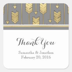 Faux Foil Golden Arrows Grey Wedding Thank You Square Sticker
