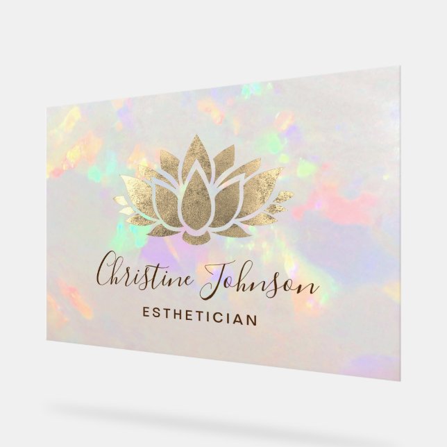 faux foil lotus logo on opal background acrylic sign (Angle)