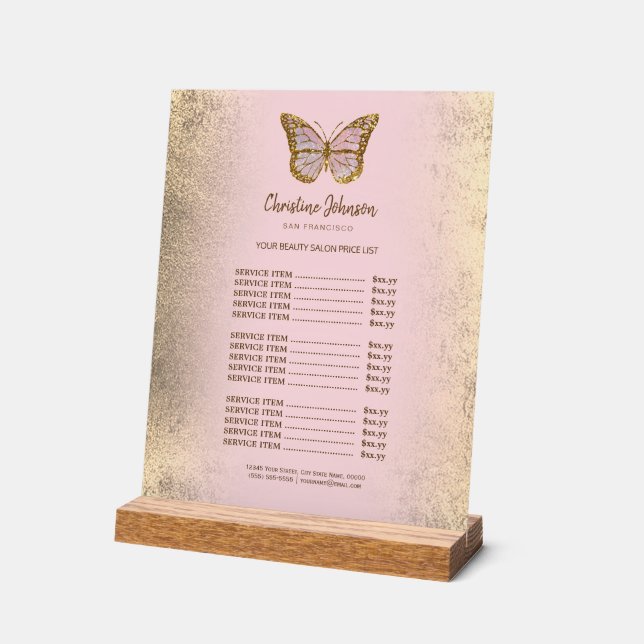 faux foil pink butterfly price list acrylic sign (Angle)