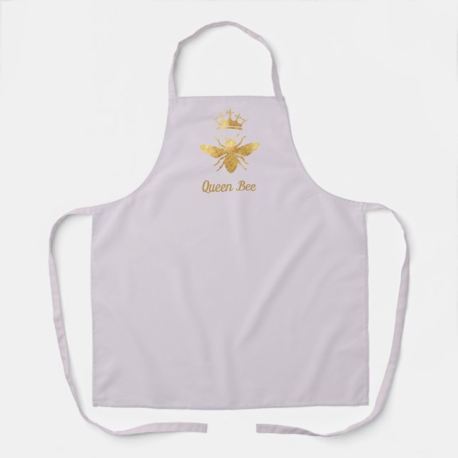 faux foil queen bee logo on lavender apron (Front)