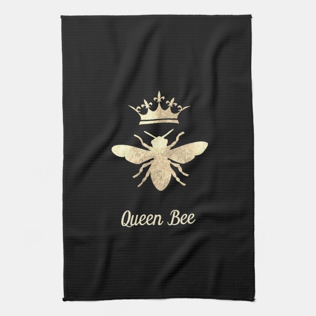faux foil queen bee on black tea towel (Vertical)