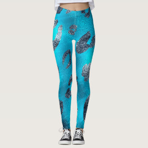 Faux Foil Shiny Look Silver & Blue Leopard Print Leggings