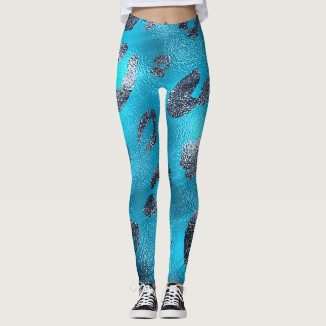 Faux Foil Shiny Look Silver & Blue Leopard Print Leggings (Front)