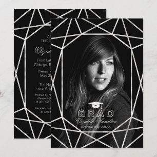 Faux Foil Silver & Black Graduation Party Photo Invitation