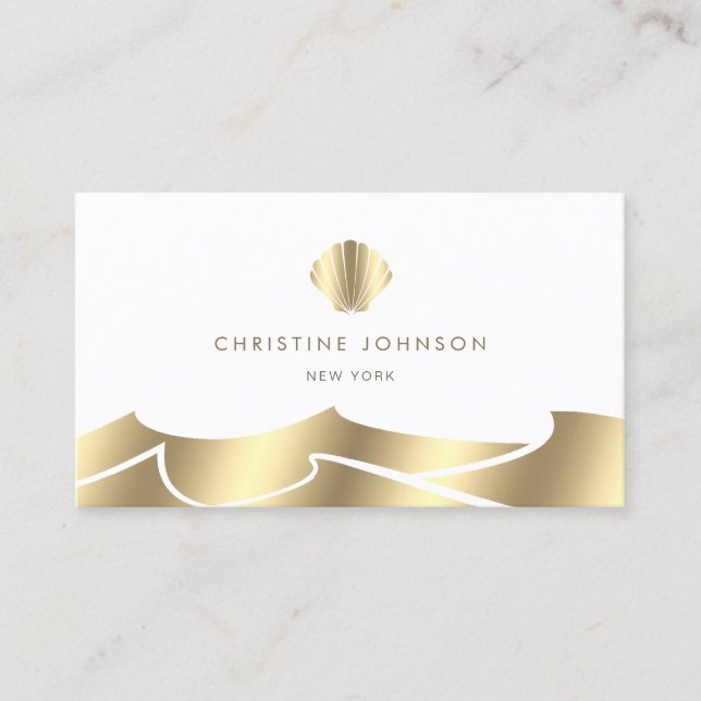 faux foil waves golden seashell business card (Front)