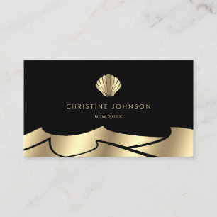 faux foil waves golden seashell on black business card
