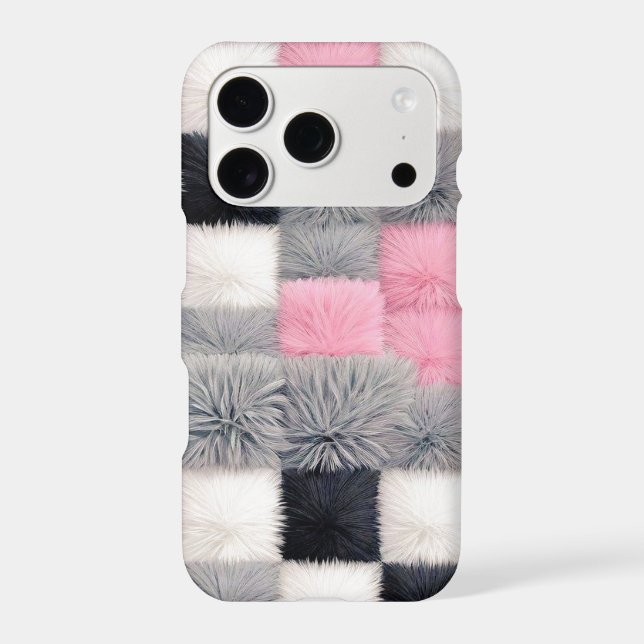 Faux Fur Patchwork Phone Case | Pink Grey Black  (Back)