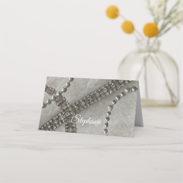 Faux Fur Pearls and Diamond Place Card (Front)