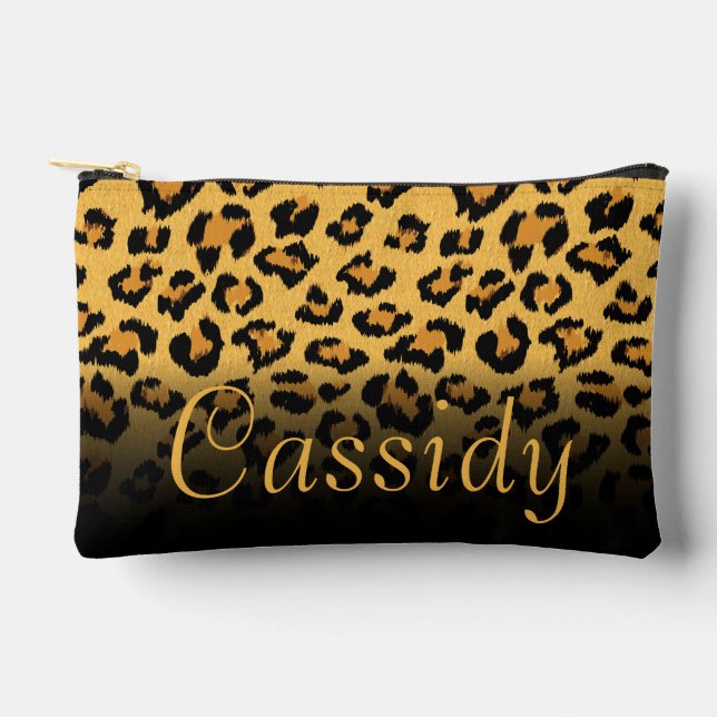 Faux Fur Wild Leopard Print with Gold Name Accessory Pouch (Front)