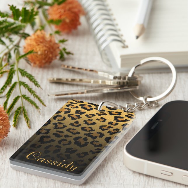 Faux Fur Wild Leopard Print with Gold Name Key Ring (Front Right)