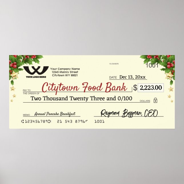 Faux giant charity check Christmas holly stars Poster (Front)