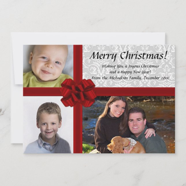 Faux Gift Box, 3-Photo Christmas Greeting Card (Front)