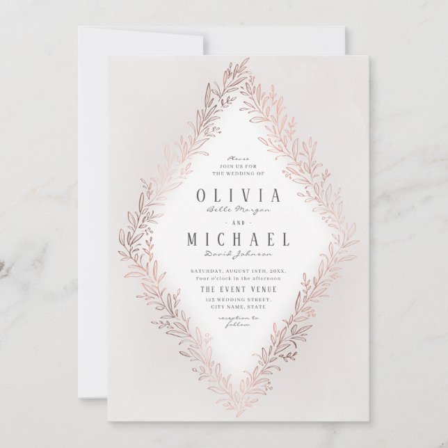 Faux gilded rose gold botanical elegant wedding invitation (Front)