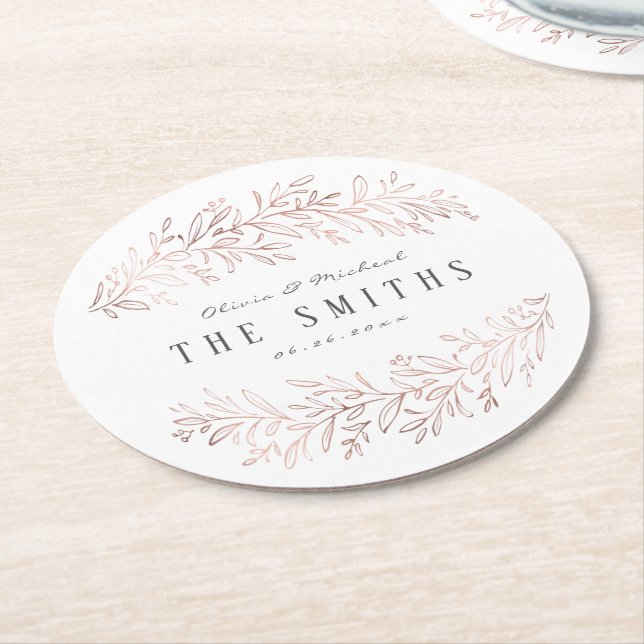 Faux gilded rose gold botanical elegant wedding round paper coaster (Angled)