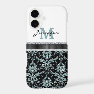 Faux Glitter Aqua Damask Monogram