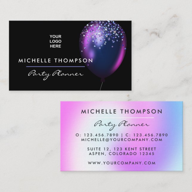 Faux Glitter Balloon Party Planner Business Card (Front/Back)