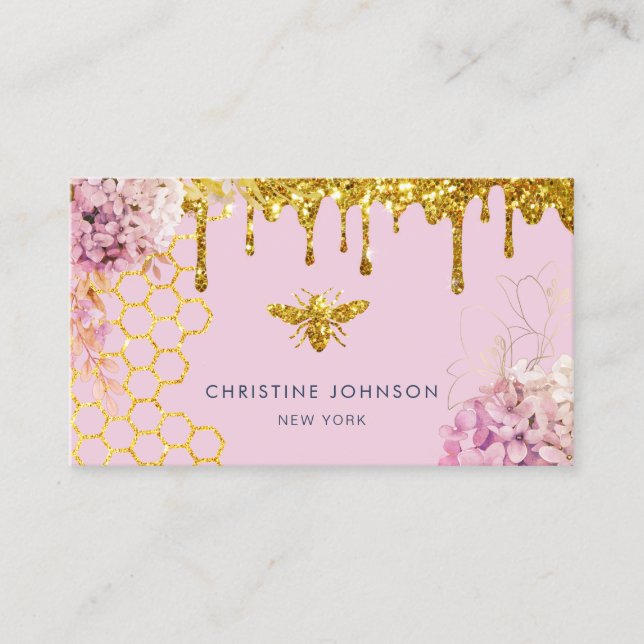 faux glitter bee and flowers Business Card (Front)