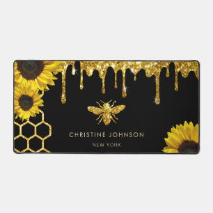 faux glitter bee and sunflowers desk mat