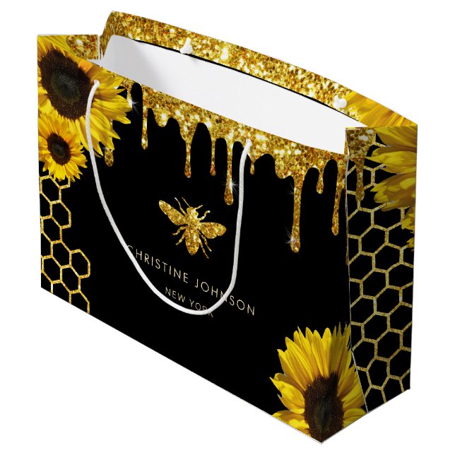 faux glitter bee and sunflowers large gift bag (Back Angled)