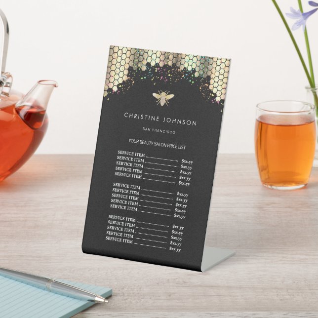 faux glitter bee design price list pedestal sign (In SItu)