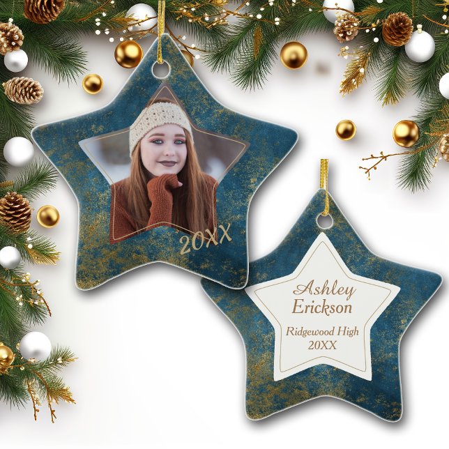 Faux Glitter Blue Stone Frame Graduate Photo Ceramic Ornament (Creator Uploaded)