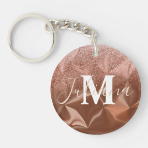 Faux Glitter Brown Brushed Metal Monogrammed Key Ring
