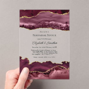 Faux Glitter Burgundy Gold Agate Rehearsal Dinner Acrylic Invitations