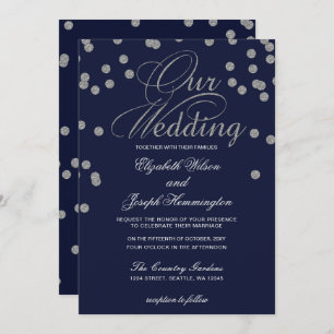 FAUX Glitter confetti navy and silver wedding Invitation
