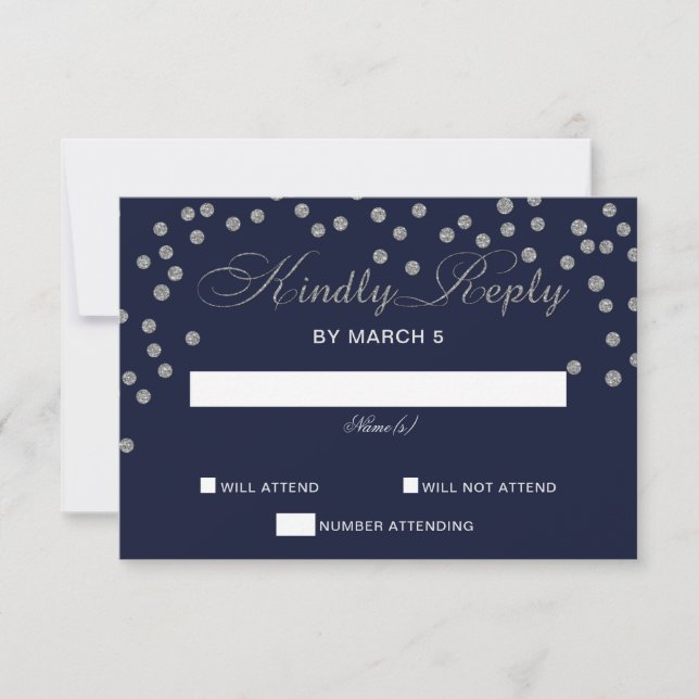 FAUX Glitter confetti navy and silver wedding rsvp Card (Front)