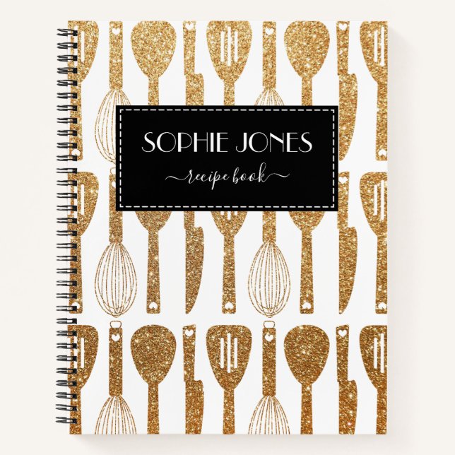 Faux Glitter Cute Kitchen Utensils Pattern Recipe Notebook (Front)