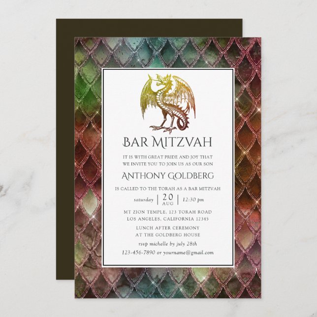 Faux Glitter Dragon themed Bar Mitzvah Invitation (Front/Back)