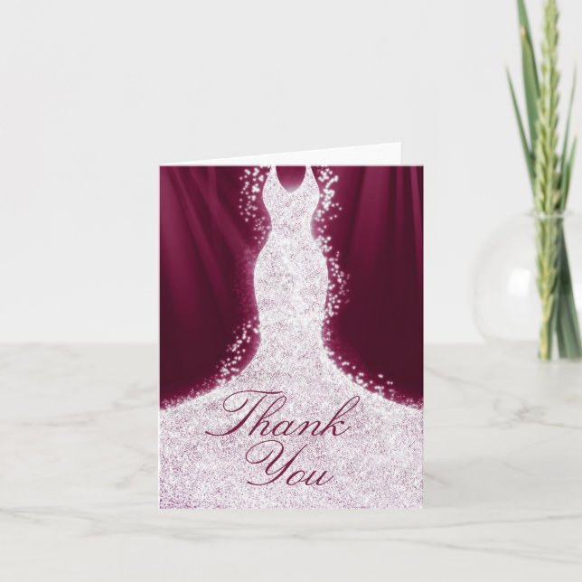 Faux Glitter Dress on Burgundy Thank You Note Card (Front)