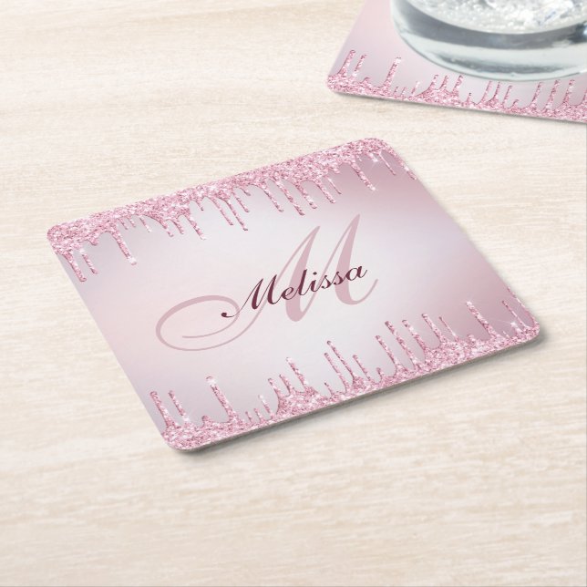 faux glitter drip rose gold monogram square paper coaster (Angled)