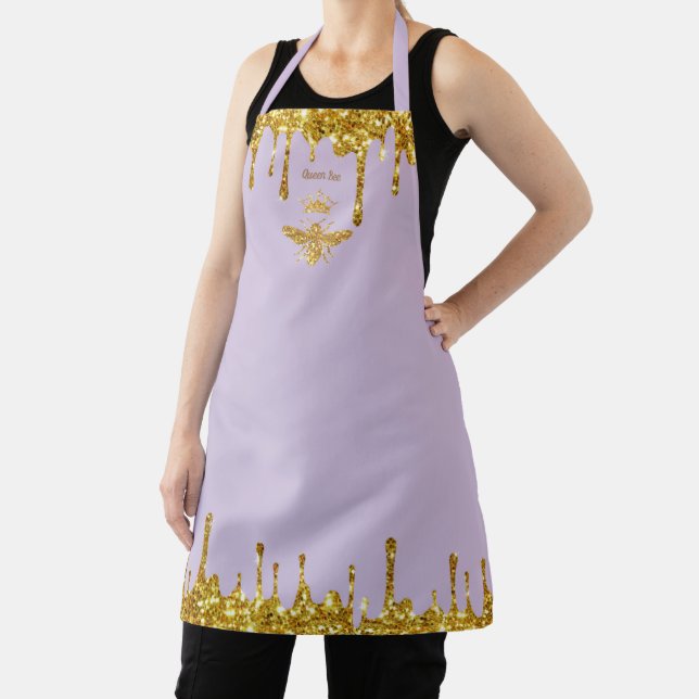 faux glitter drips queen bee on lavender apron (Insitu)