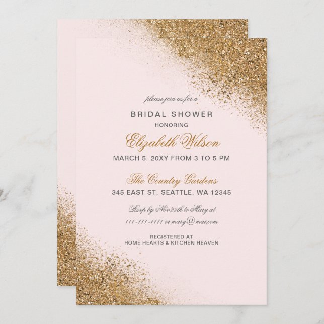 FAUX Glitter Dust Blush & Gold Bridal Shower Invitation (Front/Back)