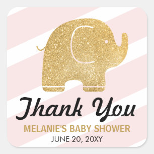 Faux Glitter Elephant Pink Thank You Stickers