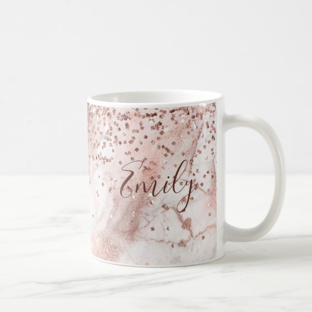 Faux Glitter Girly Rose Gold Marble Personalised Coffee Mug (Right)