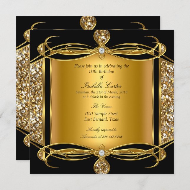 Faux Glitter Gold Diamond Black Birthday Party Invitation (Front/Back)