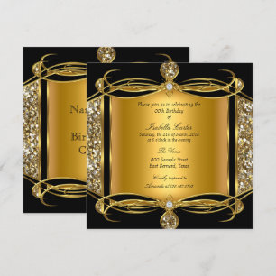 Faux Glitter Gold Diamond Black Birthday Party Invitation