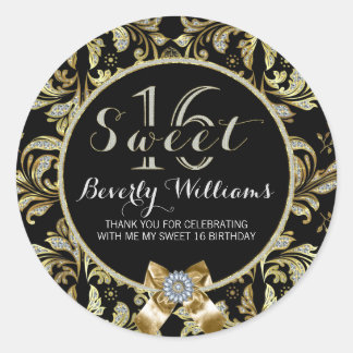 Faux Glitter & Gold Lace On Black Sweet 16 2 Classic Round Sticker