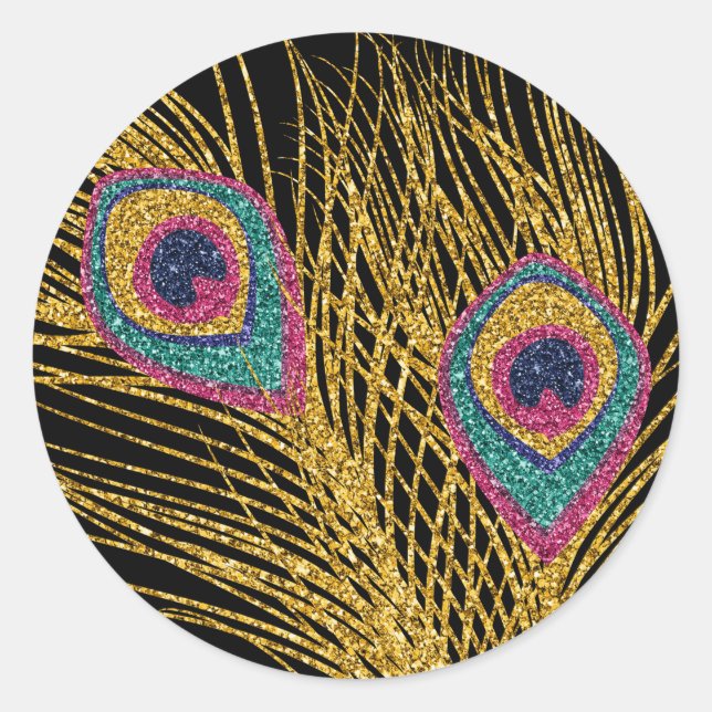 Faux Glitter Gold Peacock Feathers Classic Round Sticker (Front)