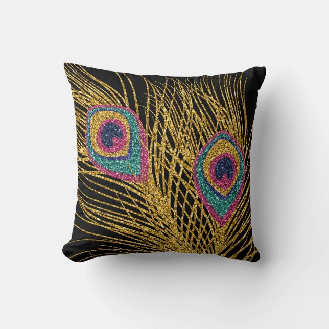 Faux Glitter Gold Peacock Feathers Cushion (Front)
