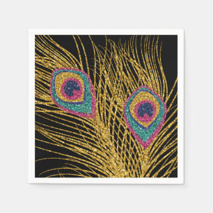 Faux Glitter Gold Peacock Feathers Napkin