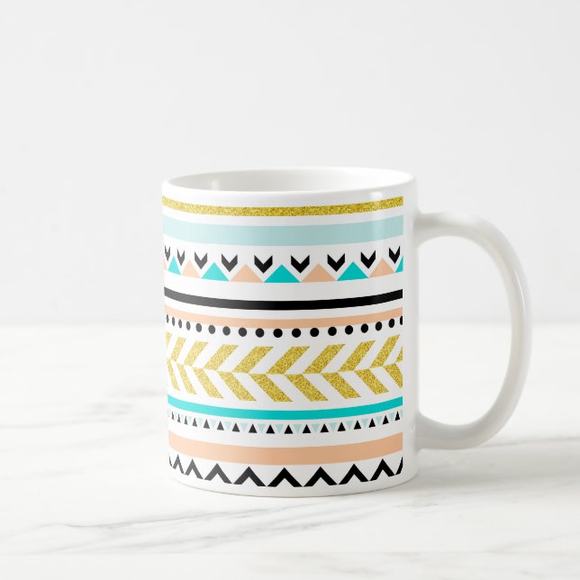 Faux Glitter Gold, Turquoise, Coral Aztec Pattern Coffee Mug (Right)