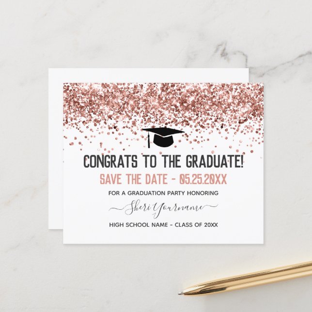 Faux Glitter Graduation Party Save the Date Invita (Front/Back In Situ)