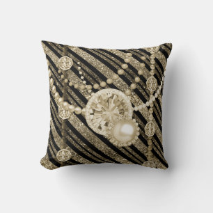 Faux Glitter & Jewels Gold & Black Tones Square Cushion